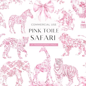 Clipart toile Safari rose, téléchargement numérique, clipart toile de Jouy pour baby shower, aquarelle chinoiseries animaux de la jungle, usage Commercial PNG