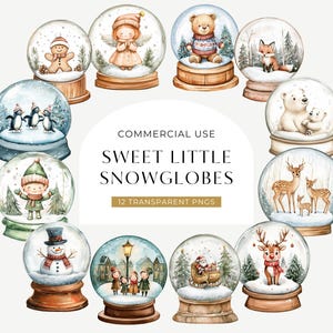 Clipart de bola de nieve navideña, descarga digital, clip art de bola de nieve de acuarela, duende de Papá Noel, muñeco de nieve, oso polar, pingüino, PNG para uso comercial