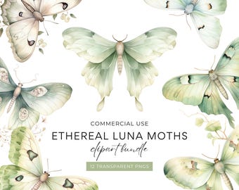 Luna Moth Clipart Bundle, DIGITAL DOWNLOAD, Watercolor Moon Moth Clip Art Pack, Celestial Mystical Moth Graphics Set, Commercial Use PNG