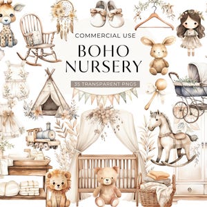 Clipart per vivaio boho ad acquerello, DOWNLOAD DIGITALE, Clip art per neonati neutri di genere, Giocattoli per neonati, Orsacchiotto di peluche per uso commerciale PNG