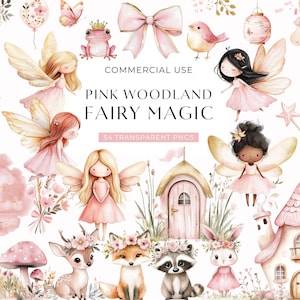 Pink Woodland Fairy Clipart, Cute Watercolor Pastel Fairies, First Birthday Clip Art, Enchanted Forest, Baby Shower Clipart DIGITAL DOWNLOAD
