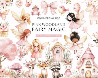Pink Woodland Fairy Clipart, Cute Watercolor Pastel Fairies, First Birthday Clip Art, Enchanted Forest, Baby Shower Clipart DIGITAL DOWNLOAD