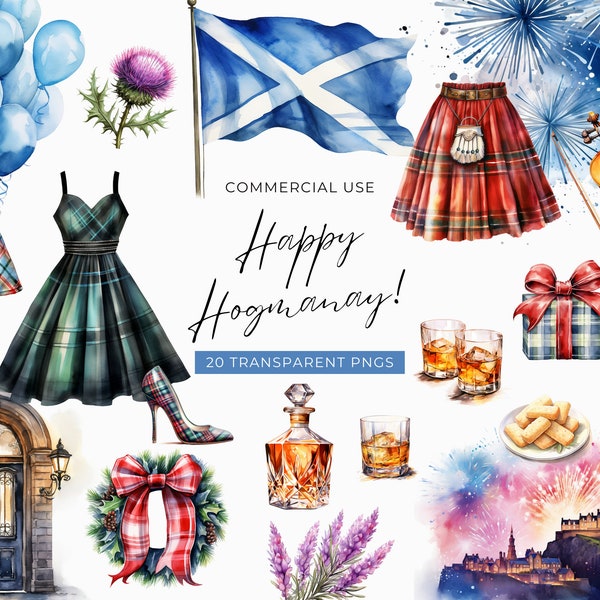 Scottish Hogmanay New Year Clipart, DIGITAL DOWNLOAD, Scotland Clipart, Tartan Kilt Illustration, Ceilidh Party, Whisky Commercial Use PNG