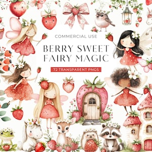Aardbeienfee clipart, Berry Sweet eerste verjaardagsfeestje illustraties, schattige aquarel feeën, Coquette Bow babyshower digitale DOWNLOAD png