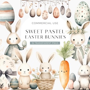 Süße Osterhasen Clipart, DIGITAL DOWNLOAD, Pastell Aquarell Frühlingshasen, Boho Kinderzimmer Grafik-Set, freie kommerzielle Nutzung transparent PNG