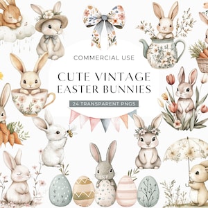 Clipart lapin de Pâques vintage, mignon clipart printemps rétro, aquarelle florale bébés lapins, Junk Journal Scrapbooking TÉLÉCHARGEMENT NUMÉRIQUE PNG