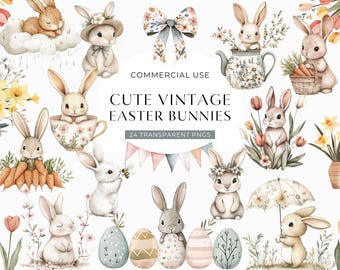 Vintage Osterhase Clipart, süße Retro Frühling Clip Art, Aquarell Blumen Baby Kaninchen, Junk Journal Scrapbooking DIGITAL DOWNLOAD PNG