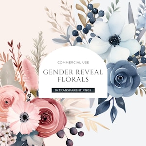 Clipart rivelazione sesso, DOWNLOAD DIGITALE, Baby shower per maschietti o femminucce, Bouquet di fiori acquerellati rosa cipria, Uso commerciale floreale blu polvere PNG