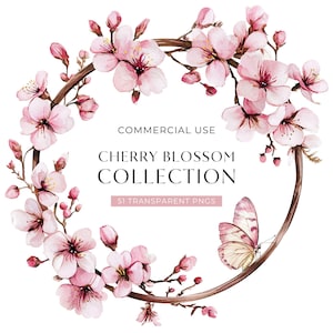 Imágenes prediseñadas de flor de cerezo, imágenes prediseñadas de flor de sakura en acuarela, gráficos de tarjetas con corona floral rosa, ramas japonesas de primavera PNG DESCARGA DIGITAL