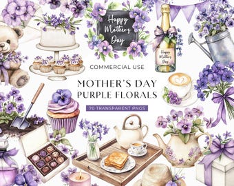Mothers Day Purple Floral Clipart, Watercolor Violets Clip Art, Bouquet Images, Flower Arrangement Graphics, Mom Card Illustrations, DIGITAL