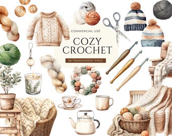 Crochet Clipart, DIGITAL DOWNLOAD, Crochet Hook Clipart, Watercolor Yarn Ball, Crochet Yarn Png, Cozy Hobby Clipart, Wool Commercial Use PNG