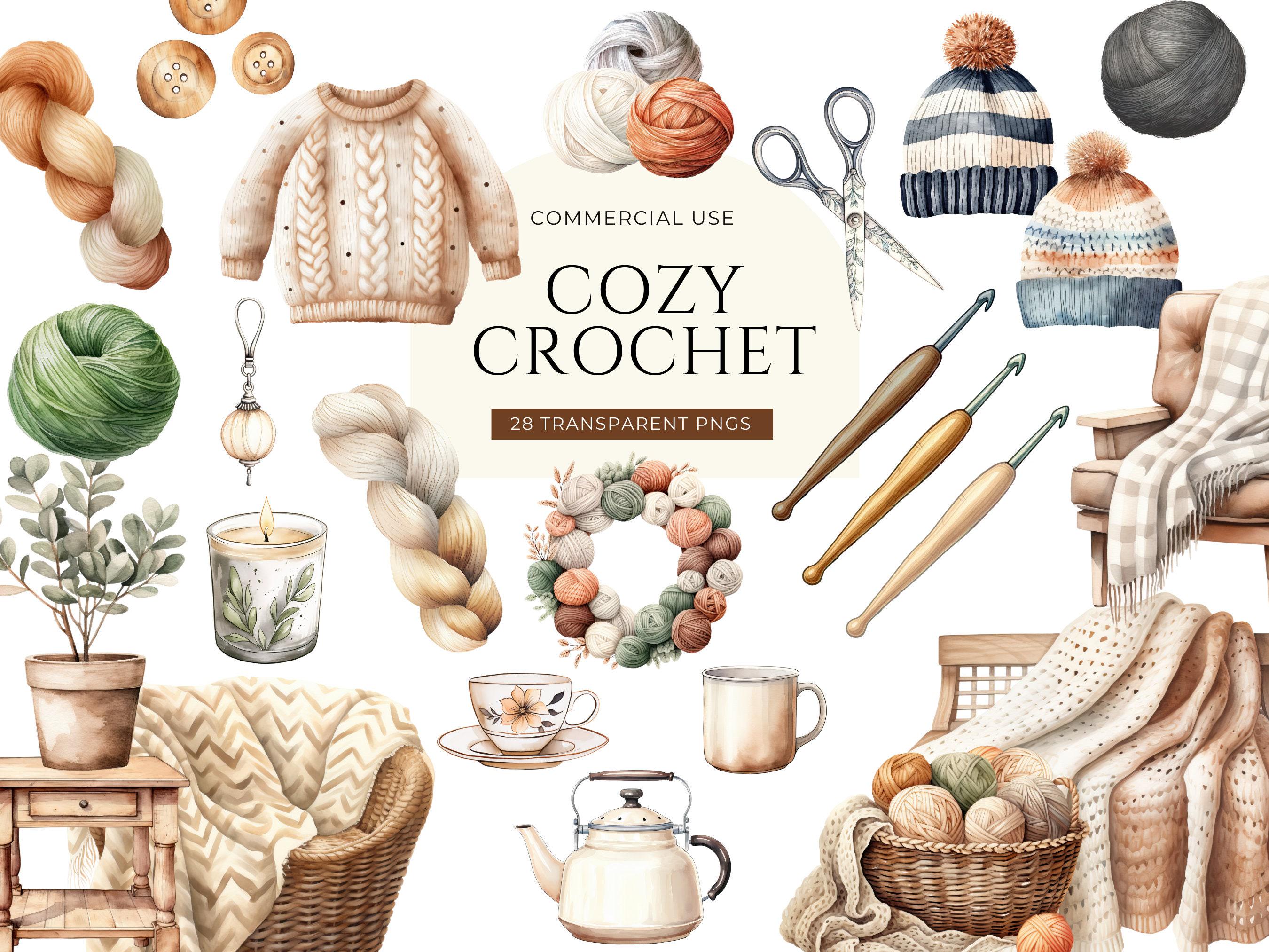 Crochet Clipart, DIGITAL DOWNLOAD, Crochet Hook Clipart, Watercolor Yarn Ball, Crochet Yarn Png, Cozy Hobby Clipart, Wool Commercial Use PNG