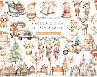 May include: A collection of watercolor Christmas illustrations featuring Santa, a snowman, a reindeer, a vintage truck, a scooter, carolers, gift boxes, a sleigh, and village buildings with the text COMMERCIAL USE SANTA'S NEUTRAL CHRISTMAS VILLAGE 44 TRANSPARENT PNGS.