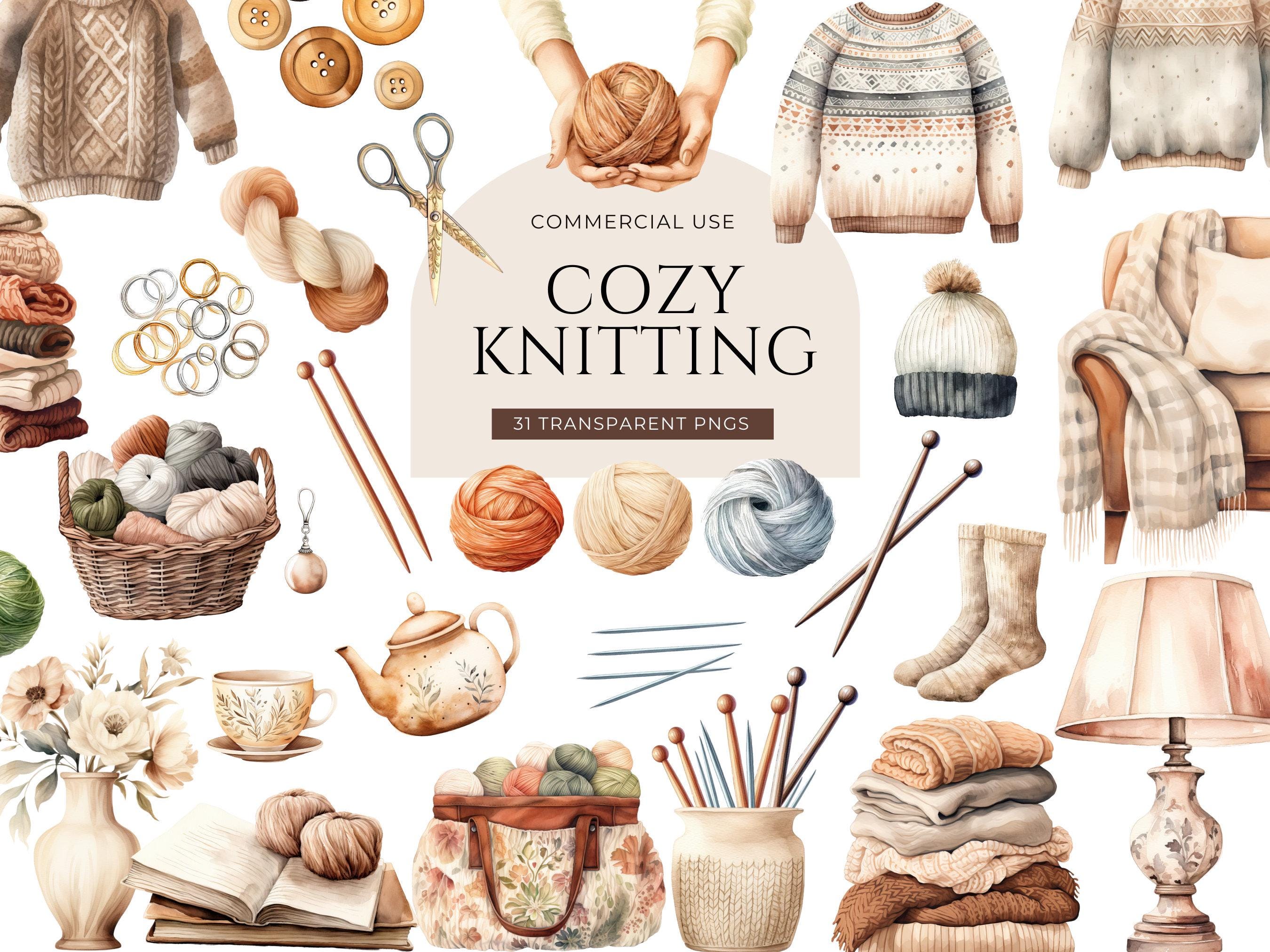 Knitting Clipart, DIGITAL DOWNLOAD, Knitting Needle Clipart, Knit Clipart, Watercolor Yarn Ball, Cozy Hobby Clipart, Wool Commercial Use PNG