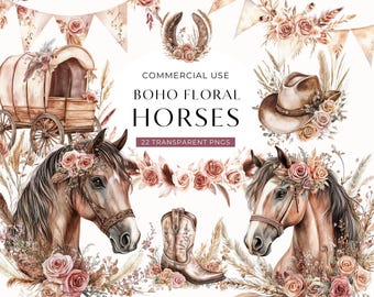 Floral Horse Clipart, Boho Western Watercolor Horse Clip Art, Girl Birthday Party Invitation Clipart, Commercial Use PNG, DIGITAL DOWNLOAD