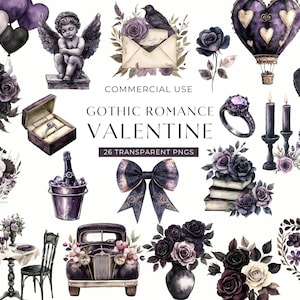 Gothic romantiek Valentine clipart, humeurig donker paarse bloemen hart clipart, aquarel zwarte roos commercieel gebruik PNG, V Day DIGITALE DOWNLOAD
