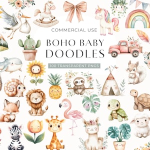 Clipart Boho Baby Doodle, DOWNLOAD DIGITALE, Bundle di clipart per la cameretta dei bambini con acquerello, Clipart per baby shower, Clipart di animali carini, PNG per uso commerciale