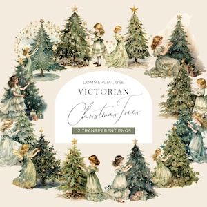 Viktorianische Weihnachtsbäume Clipart, DIGITAL DOWNLOAD, Geschmückte Weihnachtsbäume, Vintage Traditionelle Aquarell Weihnachten, Kommerzielle Nutzung PNG Pack
