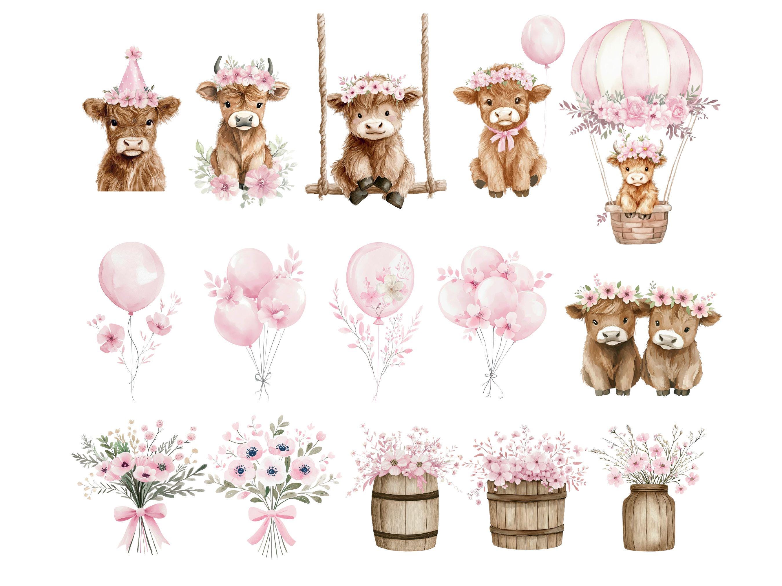 Highland Cow Clipart Pink, Watercolor Boho Floral Clip Art, Rustic Girl ...