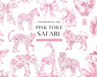 Clipart de Toile de Jouy de safari rosa, DESCARGA DIGITAL, Clip Art de Toile de Jouy para baby shower, Animales de la jungla de estilo chinoiserie en acuarela, PNG para uso comercial