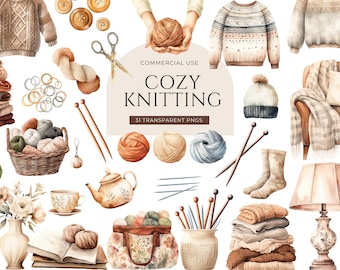 Knitting Clipart, DIGITAL DOWNLOAD, Knitting Needle Clipart, Knit Clipart, Watercolor Yarn Ball, Cozy Hobby Clipart, Wool Commercial Use PNG