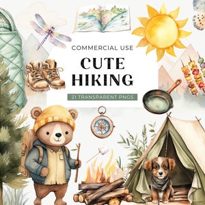 Lindo clip art de mochilero para senderismo, DESCARGA DIGITAL, clip art de campamento de aventuras en acuarela, caminata al aire libre por el bosque de montaña, PNG para uso comercial