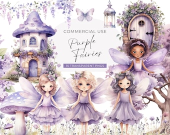 Purple Fairy Clipart, DIGITAL DOWNLOAD, Cute Watercolor Lilac Fairies, Pastel Girl Birthday Clip Art, Fairy House Door, Commercial Use PNG