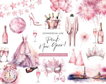 New Years Eve Clipart Pink, DIGITAL Download, 2024 Watercolor Happy NYE Party, Champagne Clipart, Party Hat Clipart, Free Commercial Use PNG