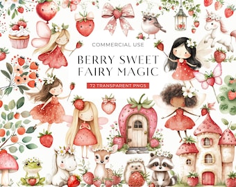 Strawberry Fairy Clipart, Berry Sweet First Birthday Party Clip Art, Cute Watercolor Fairies, Coquette Bow Baby Shower DIGITAL DOWNLOAD PNG