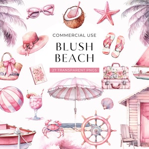 Clipart spiaggia preppy rosa, DOWNLOAD DIGITALE, vacanze costiere ad acquerello, clip art estetica estiva per ragazze morbide, uso commerciale per le vacanze PNG