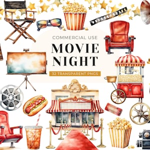 Clipart serata cinema, DOWNLOAD DIGITALE, Clipart cinema, Clipart cinema, Clip art popcorn, Clipart film acquerello, PNG per uso commerciale