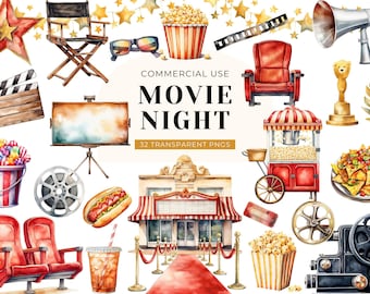 Movie Night Clipart, DIGITAL DOWNLOAD, Movie Theatre Clipart, Cinema Clipart, Popcorn Clip Art, Watercolor Film Clipart, Commercial Use PNG
