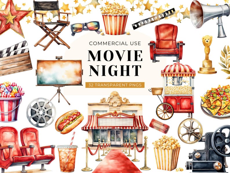 Movie Night clipart, digitale DOWNLOAD, bioscoop clipart, bioscoop clipart, popcorn illustraties, aquarel film clipart, commercieel gebruik png afbeelding 1