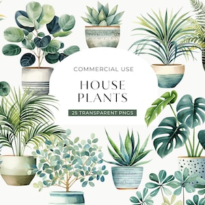 May include: Watercolor illustrations of various house plants in decorative pots. The image includes a variety of green foliage, including ferns, succulents, and leafy plants. Text on the image reads "COMMERCIAL USE HOUSE PLANTS 25 TRANSPARENT PNGS."