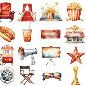 Movie Night clipart, digitale DOWNLOAD, bioscoop clipart, bioscoop clipart, popcorn illustraties, aquarel film clipart, commercieel gebruik png afbeelding 2