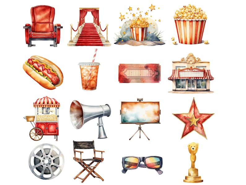 Movie Night clipart, digitale DOWNLOAD, bioscoop clipart, bioscoop clipart, popcorn illustraties, aquarel film clipart, commercieel gebruik png afbeelding 2