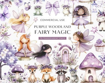 Clipart fée violette, fées pastel aquarelle mignonnes, premier anniversaire Clip Art, forêt enchantée, baby shower Clipart numérique PNG