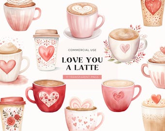 Valentinstag Kaffee Clipart, DIGITAL DOWNLOAD, Aquarell Kaffeetasse, Kaffeeliebhaber, Latte Herz, Grußkarte Clipart, kostenlose kommerzielle Nutzung PNG