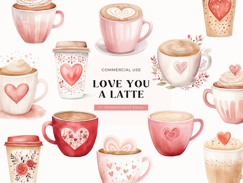 Valentinstag Kaffee Clipart, DIGITAL DOWNLOAD, Aquarell Kaffeetasse, Kaffeeliebhaber, Latte Herz, Grußkarte Clipart, kostenlose kommerzielle Nutzung PNG Bild 1