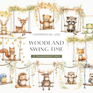 Dieren op schommels Clipart Woodland, DIGITALE DOWNLOAD, schattige aquarel bosdieren, babyshower illustraties, kinderkamer commercieel gebruik, png