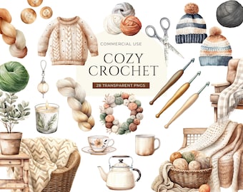 Crochet Clipart, DIGITAL DOWNLOAD, Crochet Hook Clipart, Watercolor Yarn Ball, Crochet Yarn Png, Cozy Hobby Clipart, Wool Commercial Use PNG