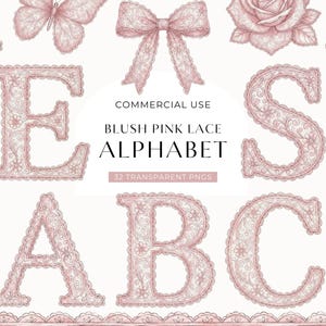 Puede incluir: Alfabeto de encaje rosa rubor con detalles florales, que incluye letras, una mariposa, un lazo y una rosa. Se muestra el texto "BLUSH PINK LACE ALPHABET", junto con "32 TRANSPARENT PNGS" y "COMMERCIAL USE".
