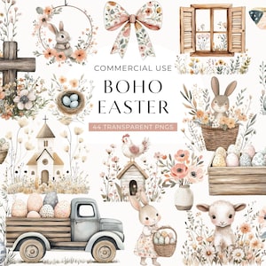 Boho Easter Clipart, Watercolor Neutral Spring Clip Art, Rustic Wreath Illustrations, Bunny Graphics, Commercial Use PNG, DIGITAL DOWNLOAD
