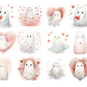 Valentine Ghosts Clipart, DIGITAL DOWNLOAD, Watercolor Ghosts, Cute Pastel Ghost, Little Boo Clipart, Valentine Card Free Commercial Use PNG image 2