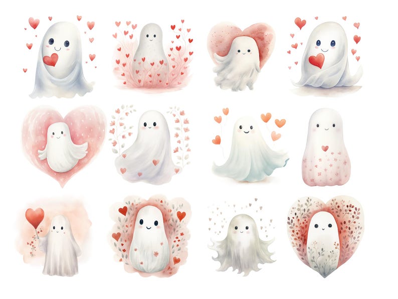 Valentine Ghosts Clipart, DIGITAL DOWNLOAD, Watercolor Ghosts, Cute Pastel Ghost, Little Boo Clipart, Valentine Card Free Commercial Use PNG image 2