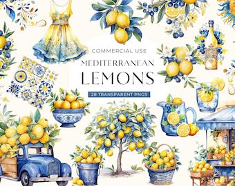May include: A collection of watercolor illustrations featuring yellow lemons, blue and white patterned tiles, a dress, a truck, a pitcher, a glass, a tree, and baskets. The text reads COMMERCIAL USE MEDITERRANEAN LEMONS 28 TRANSPARENT PNGS.