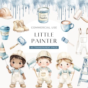 May include: Watercolor illustration featuring a collection of painting-themed elements. Includes paint cans, rollers, brushes, work boots, a hard hat, and three cartoon children dressed as painters. The text "Little Painter" is displayed.