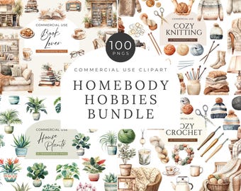 May include: A digital collection of watercolor illustrations featuring home-themed elements including books, indoor plants, knitting supplies, and crochet tools. The text reads 100 PNGS, COMMERCIAL USE CLIPART, HOMEBODY HOBBIES BUNDLE, BOOK LOVER, COZY KNITTING, HOUSE PLANTS, and COZY CROCHET.