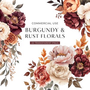 Clipart de flor color óxido burdeos, descarga digital, clip art de invitación de boda de otoño, ramos florales de otoño, peonía rosa bohemia para uso comercial PNG