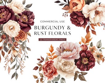 Burgundy Rust Flower Clipart, DIGITAL DOWNLOAD, Fall Wedding Invitation Clip Art, Autumn Floral Bouquets, Boho Rose Peony Commercial Use PNG